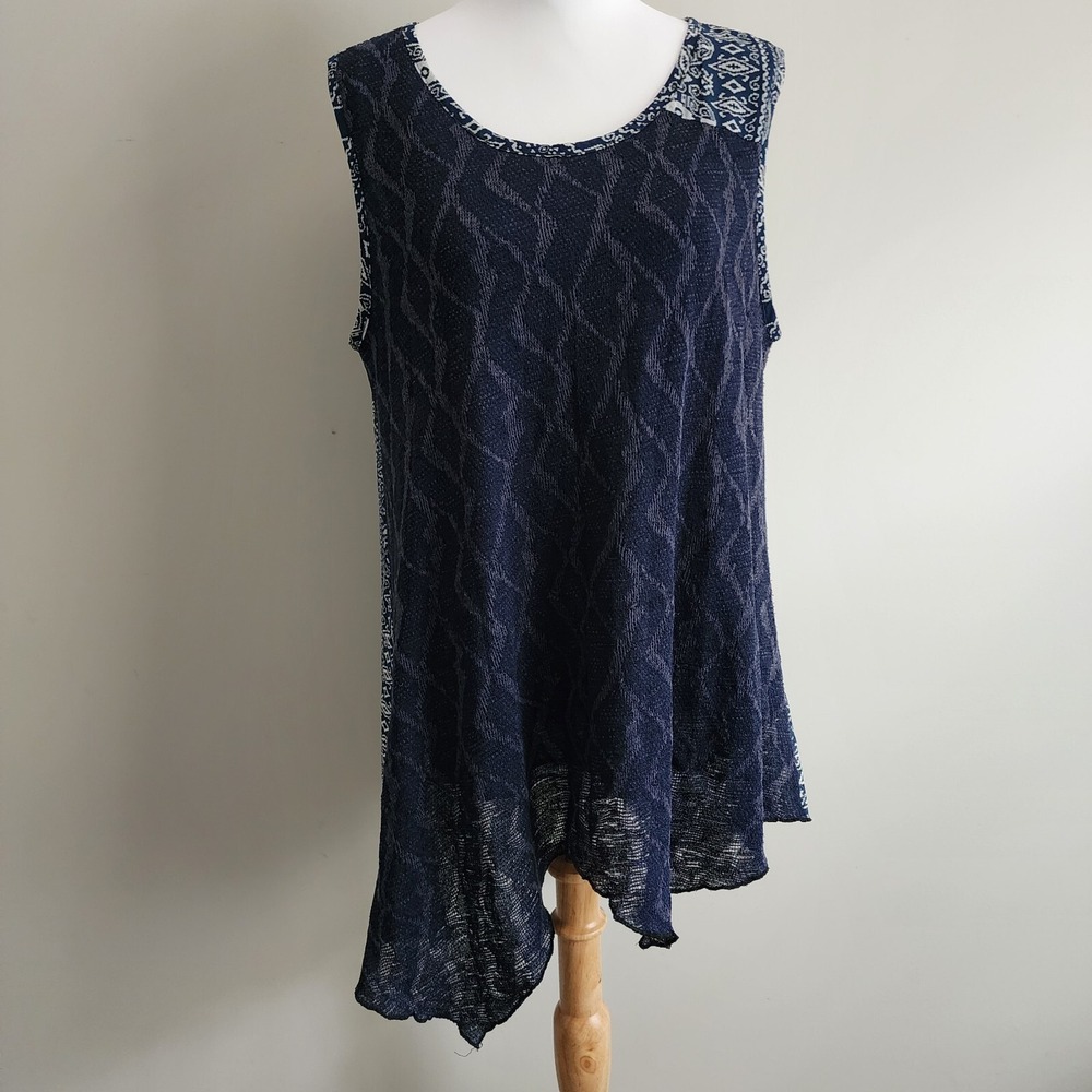 PAPA VANCOUVER Asymmetric Tunic Womens XL Navy Crochet Top Shirt BOHO Cottage
